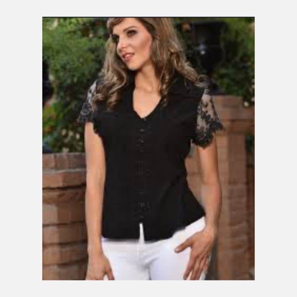 Embroidered Cotton Lucy Cap Lace Sleeve Button Blouse - Picture 2 of 9